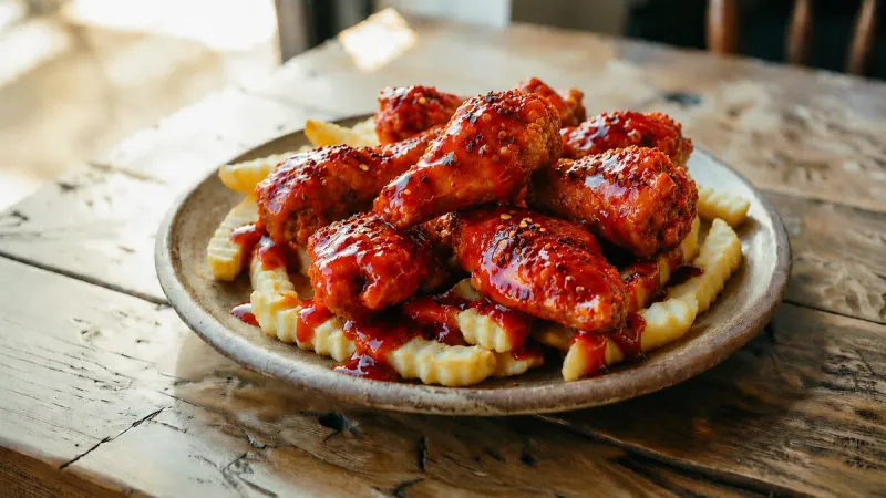 Buffalo wings in hot sauce piled on crinkle-cut French fries
