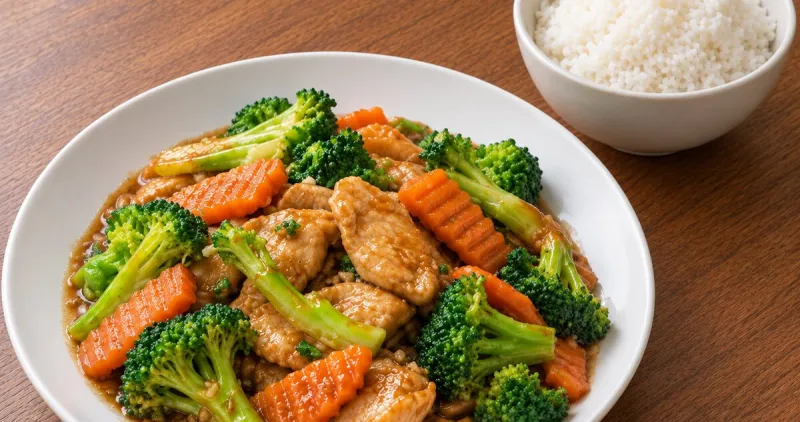 Chicken and broccoli in brown sauce on a white plate, with a bowl of steamed rice