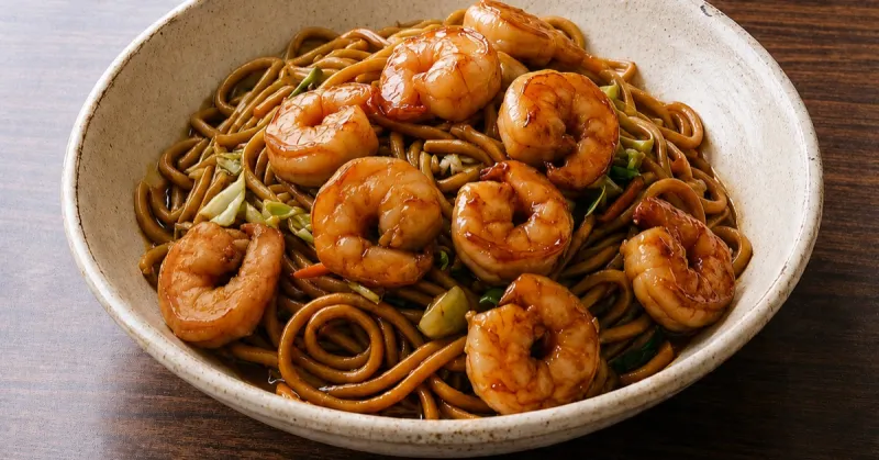 Shrimp lo mein: soft egg noodles tossed with shrimp and vegetables