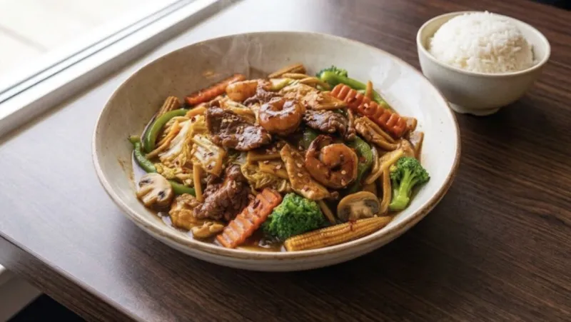 Triple Delight: beef, chicken, and shrimp stir-fried with mixed vegetables