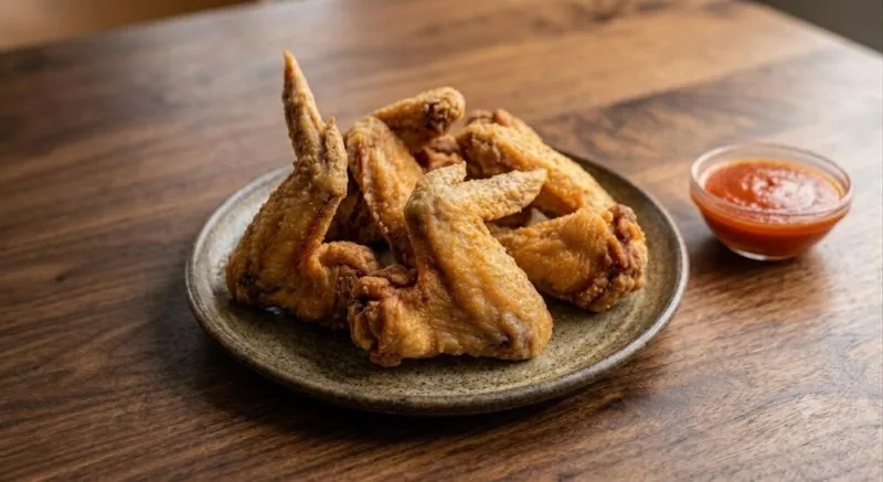 Crispy fried chicken wings with a cup of mambo sauce for dipping