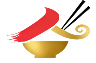 Hunan Hut logo: a gold rice bowl with chopsticks under a red brushstroke